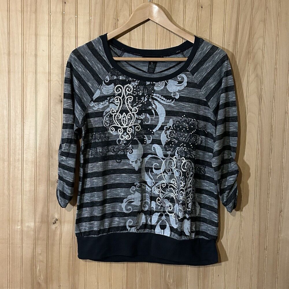 Style & Co Women Petite Large Gray 3/4 Sleeves Round Neck